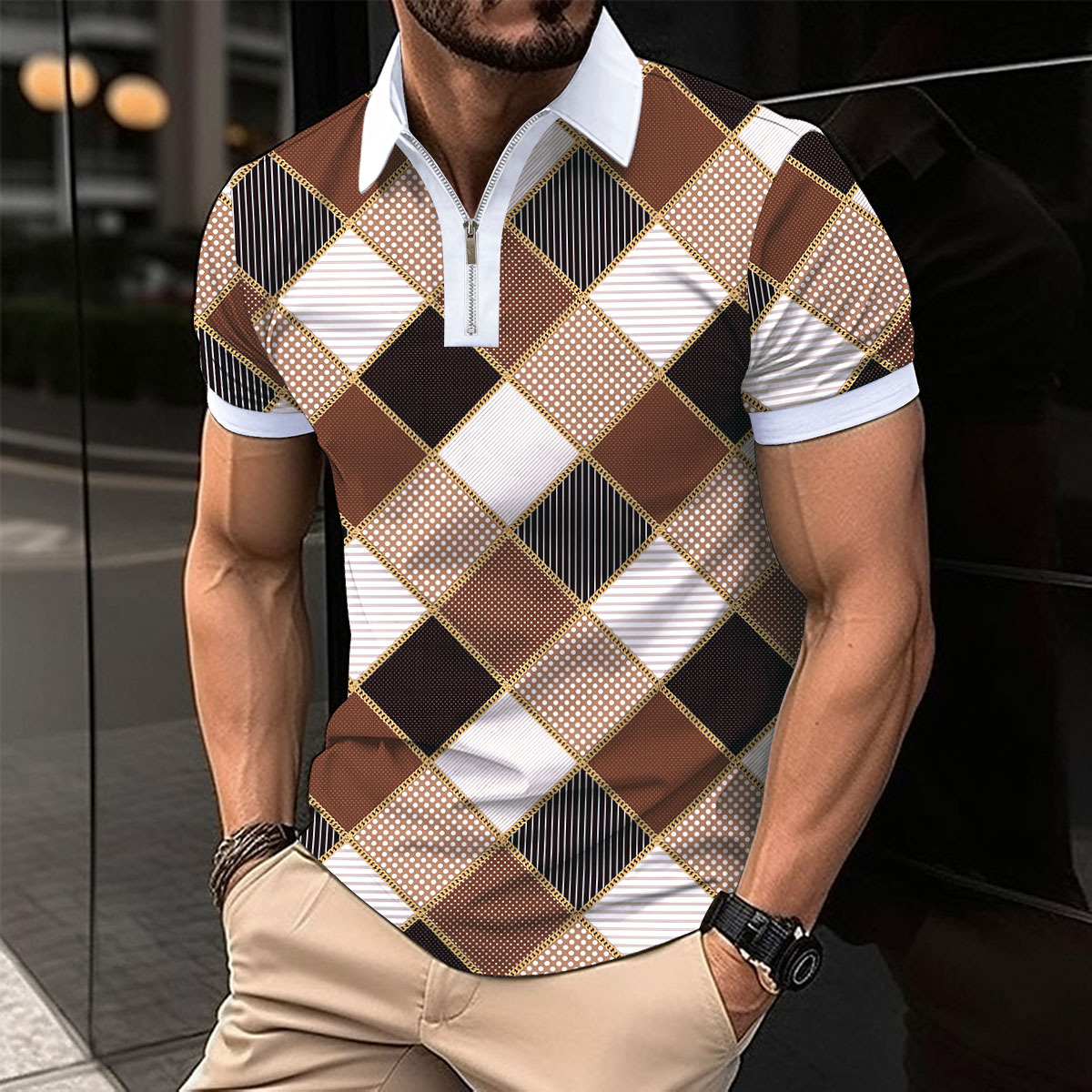 Neues Poloshirt für Herren mit kurzen Ärmeln und quadratischem Revers und Reißverschluss_voghion.com