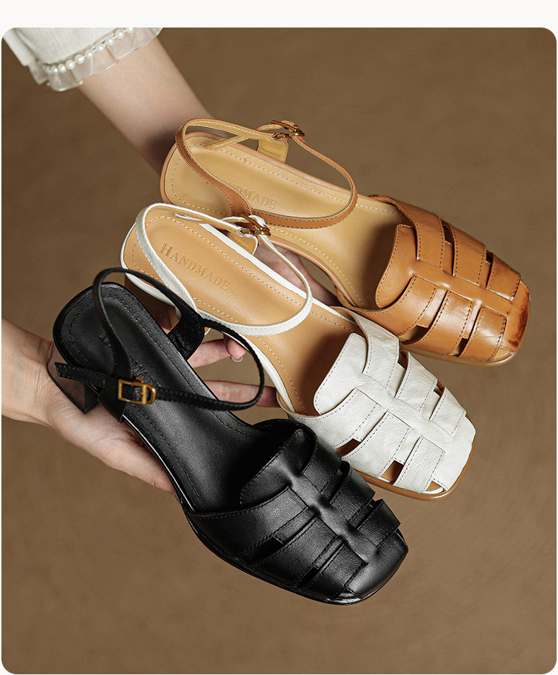 Sandal cao gót nữ quai ngang mũi kín da cừu dệt rỗng phong cách vintage — đen chi tiết 17