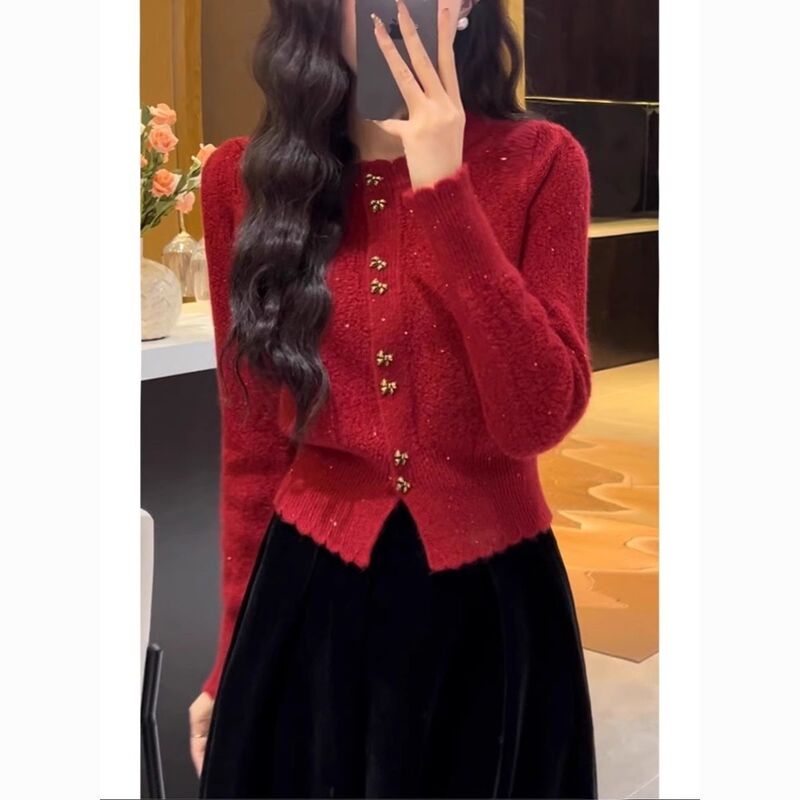 Gentle Style Elegant New Year Red Short Knitted Cardigan Women's Niche Simple Casual Soft Waxy Short Sweater Coat Gentle Style Elegant New Year Red Short Knitted Cardigan Women's Niche Simple Casual Soft Waxy Short Sweater Coat