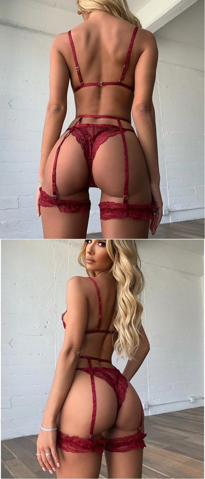 Cross-lace Patchwork Lingerie Set - Red