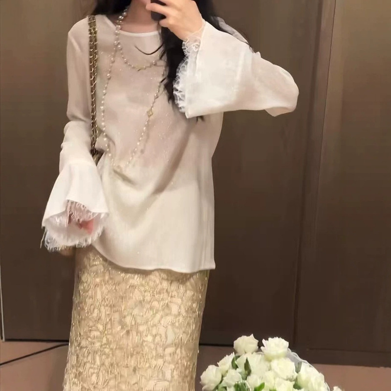 2026 Autumn New High-End Versatile Thin Semi-Transparent Bell Sleeve Top with Lazy Style Lace Splicing Blouse
