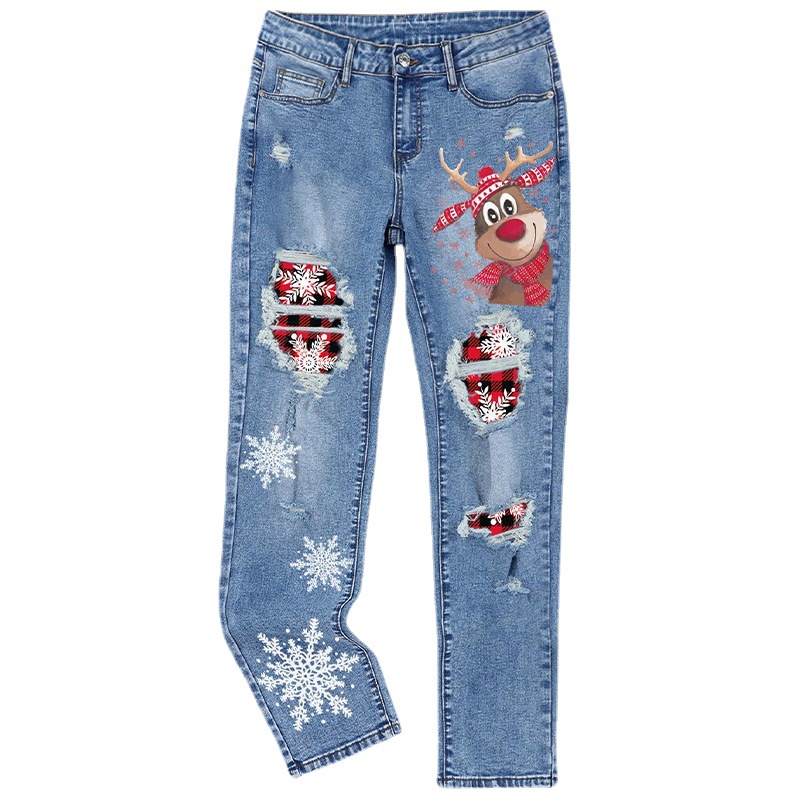 Women's winter Christmas jeans printed ripped women's jeans_voghion.com