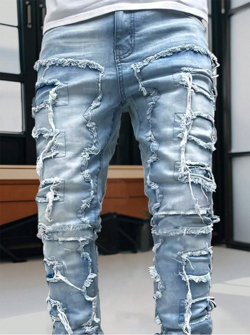 Men's Distressed Denim Jeans Slim Straight High Street Fashion Patchwork Raw Hem Casual Breathable Cotton Blend Pants_mkmklike.com
