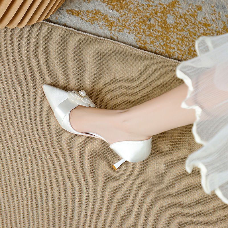 French Camellia High Heels Women's Hollow Design Sense Niche Temperament Socialite Stiletto Heel Shoes White Wedding Shoes