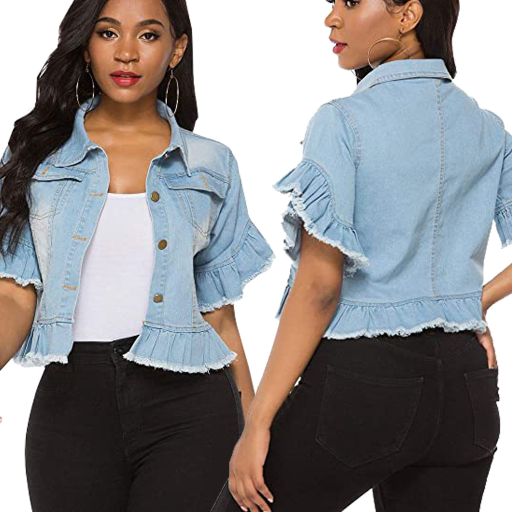 Short Sleeve Fitted Crop Denim Jacket NSMRF116720