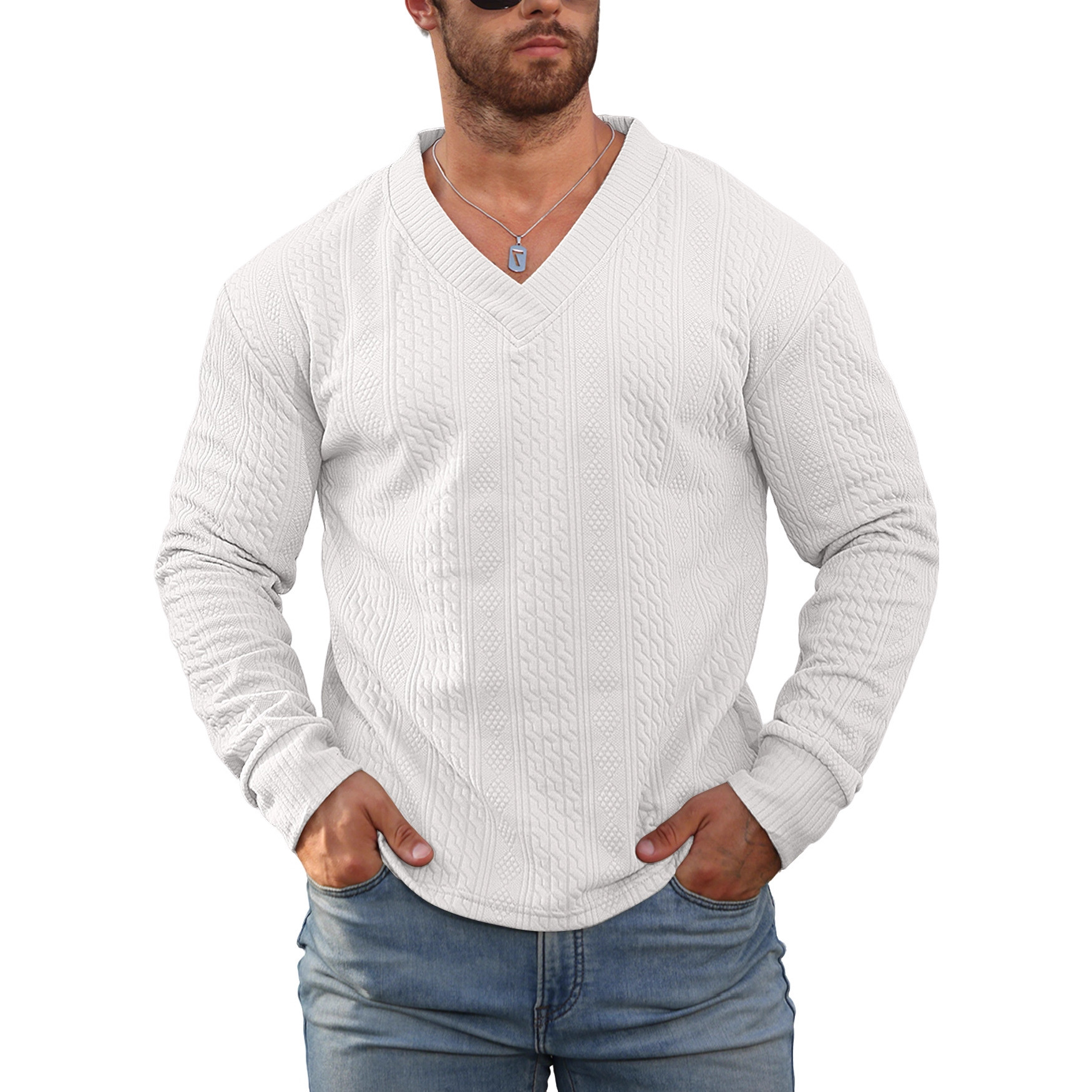 Transfronterizo Europa y América Amazon primavera y otoño ropa de hombre Jacquard de color sólido camiseta de fondo suelta de cuello V camiseta deportiva casual hombre