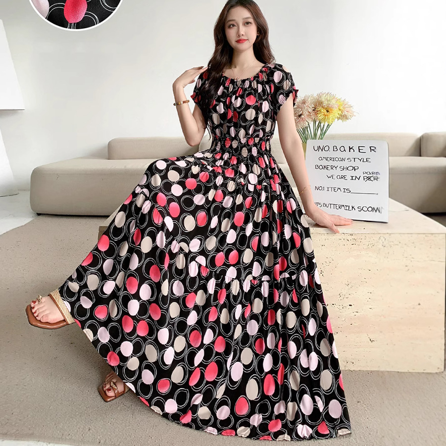 2024年女装沙滩裙短袖碎花连衣裙棉旅游度假风波西米亚裙子夏露背