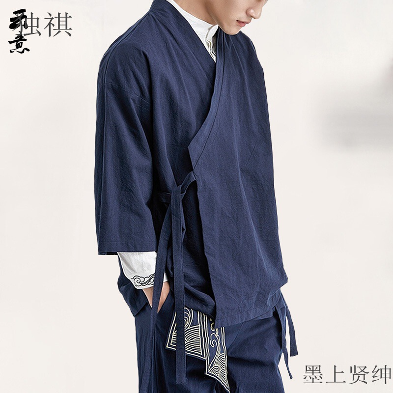 Spring and Summer Chinese Style Men's Linen Jacket Hanfu Men's Antique Lay Zen Clothes Loose Cotton and Linen Tang Suit Taoist Robe