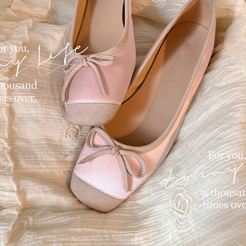 【Su Yining Style】A High French Lambskin Square Head Bowknot Block Heel Ballet Flats for Women