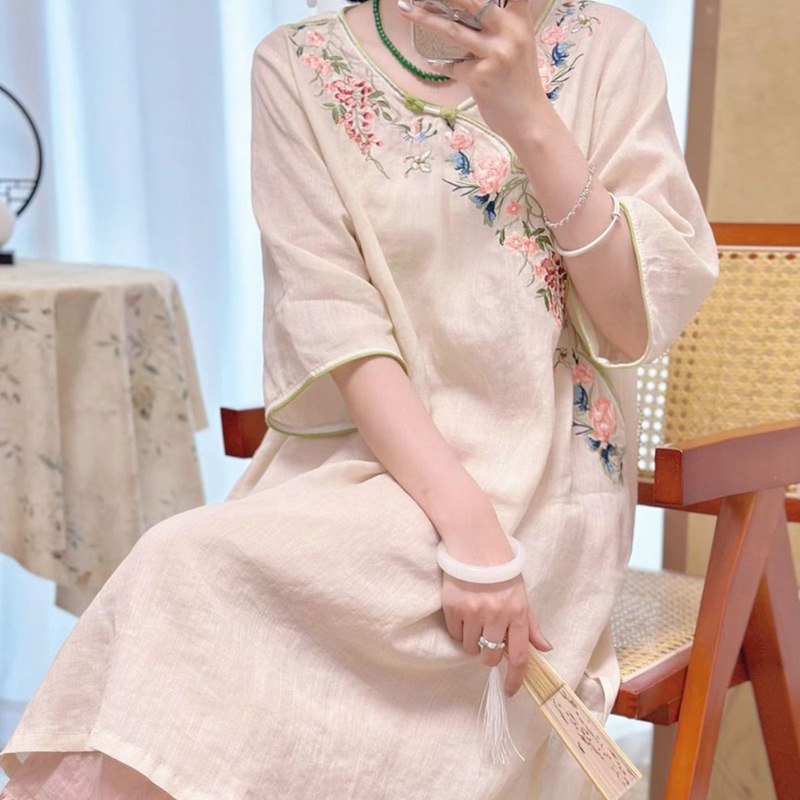 Improved Cheongsam Spring and Summer New Style New Chinese Style Cotton and Linen Retro Embroidery Zen Tea Suit Mid-Sleeve Dress for Women Improved Cheongsam Spring and Summer New Style New Chinese Style Cotton and Linen Retro Embroidery Zen Tea Suit Mid-Sleeve Dress for Women