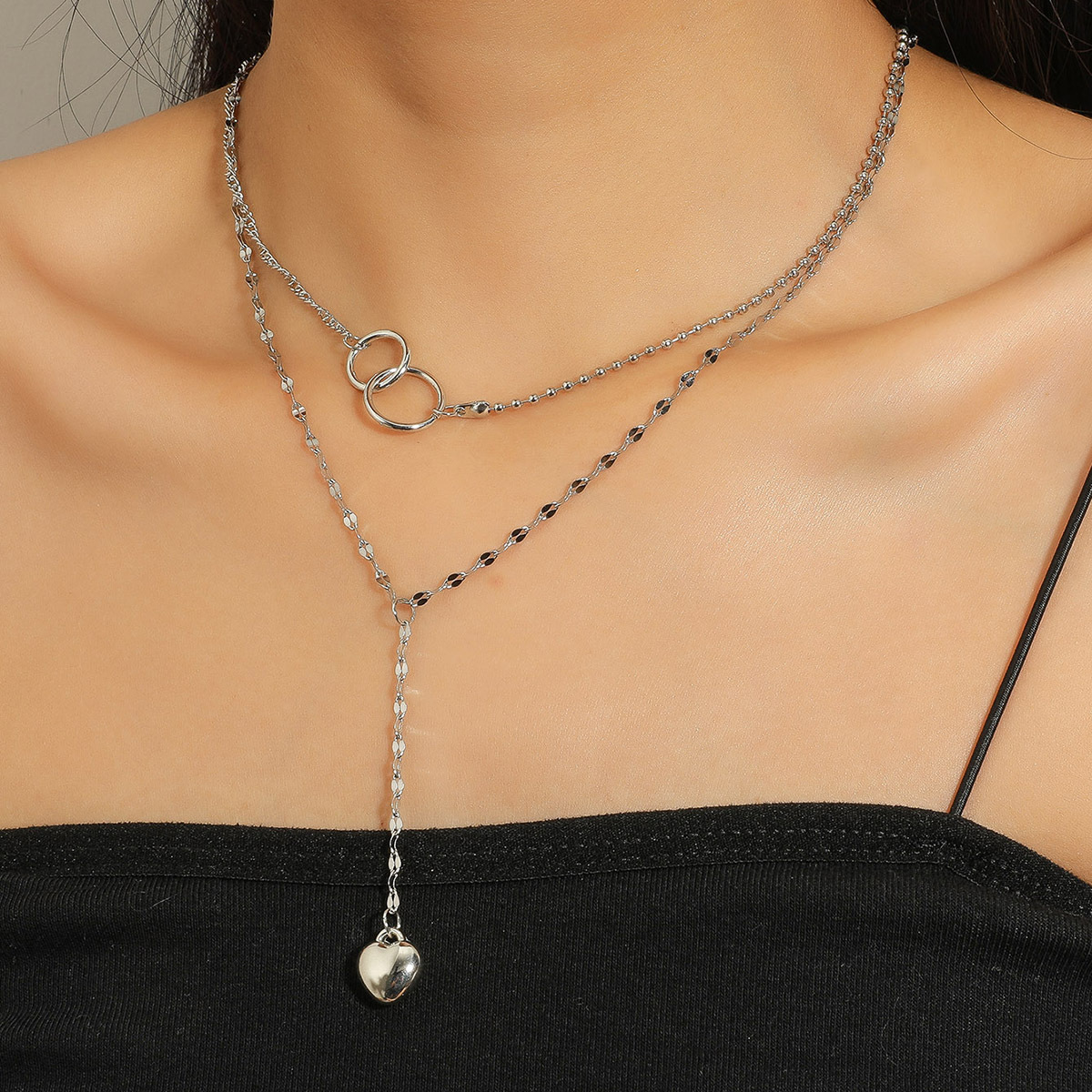 Double-layer Love Pendant Necklace Interlocking Stacking Long Sweater Chain display picture 2