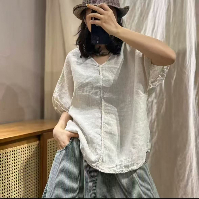 2026 Summer New Solid Color Retro Slim-Fit Loose V-Neck Pullover Shirt
