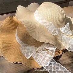 夏季新款波浪边女草编帽女蕾丝蝴蝶结沙滩帽度假风海边太阳帽批发