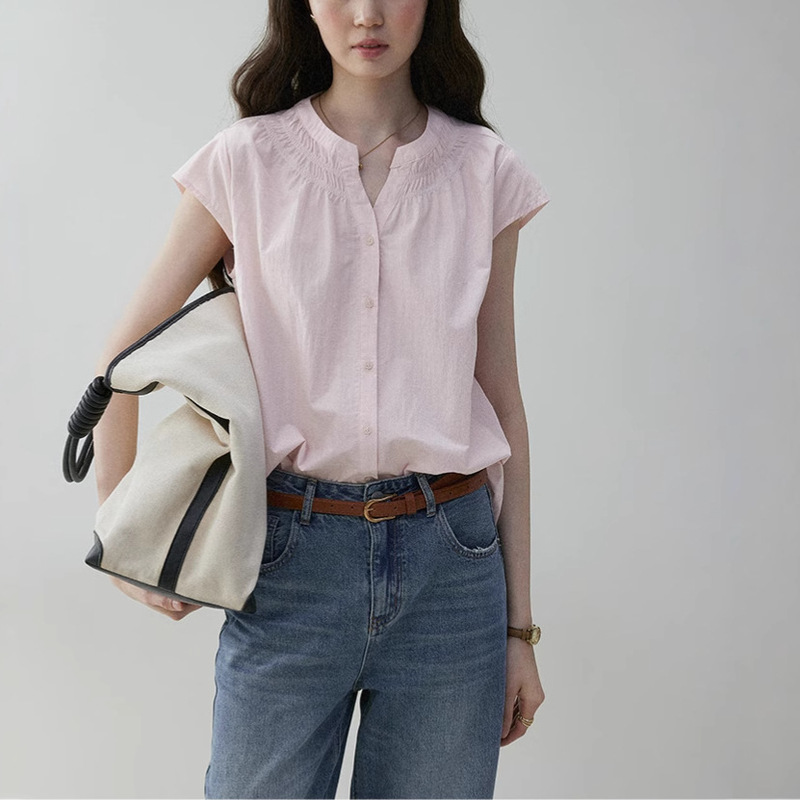 Pink Round Neck Small Flying Sleeve Commuter Shirt for Women 25 Summer Loose Pleated Casual Top