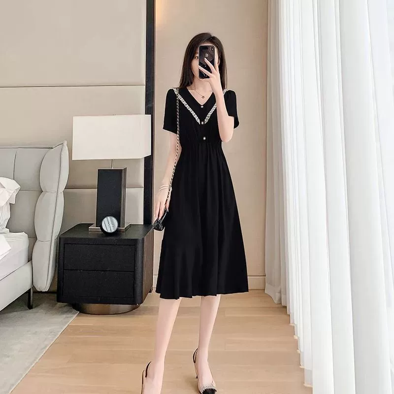 2025 новое летнее французское черное платье в стиле Хепберн из шифона для женщин с V-образным вырезом, элегантное утягивающее платье-трапеция для женщин
