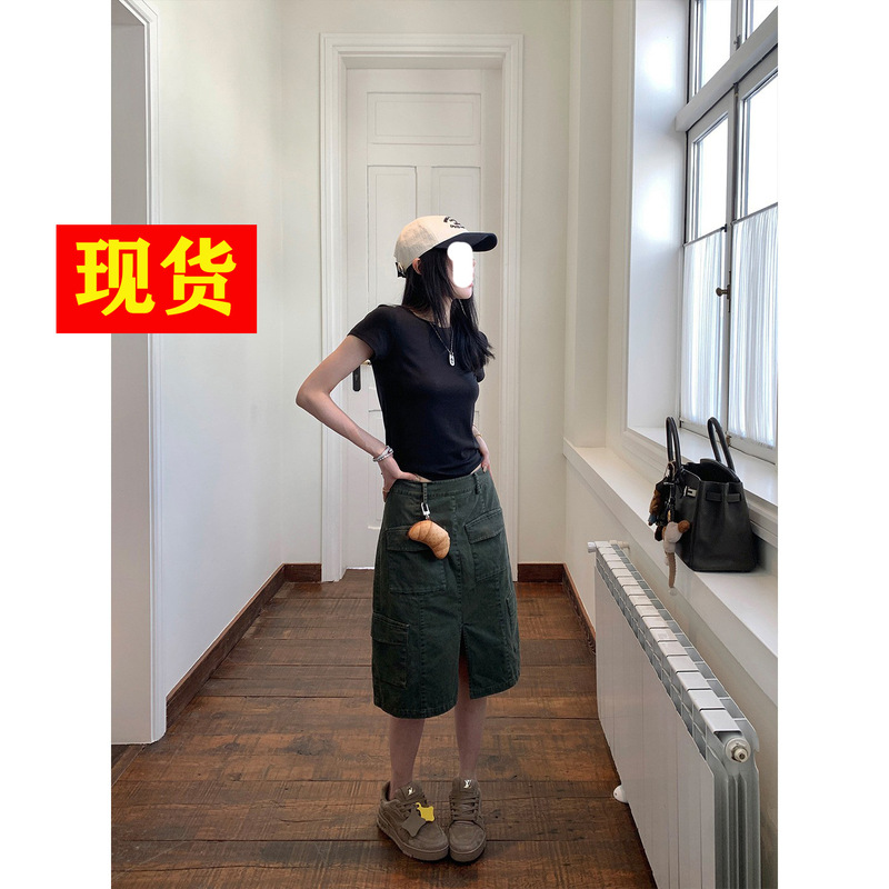 In Stock: Ouyang Workwear-Style Women's Skirt, New Summer Model, Retro Mid-Length High-Waisted Slimming A-Line Skirt with Front Slit