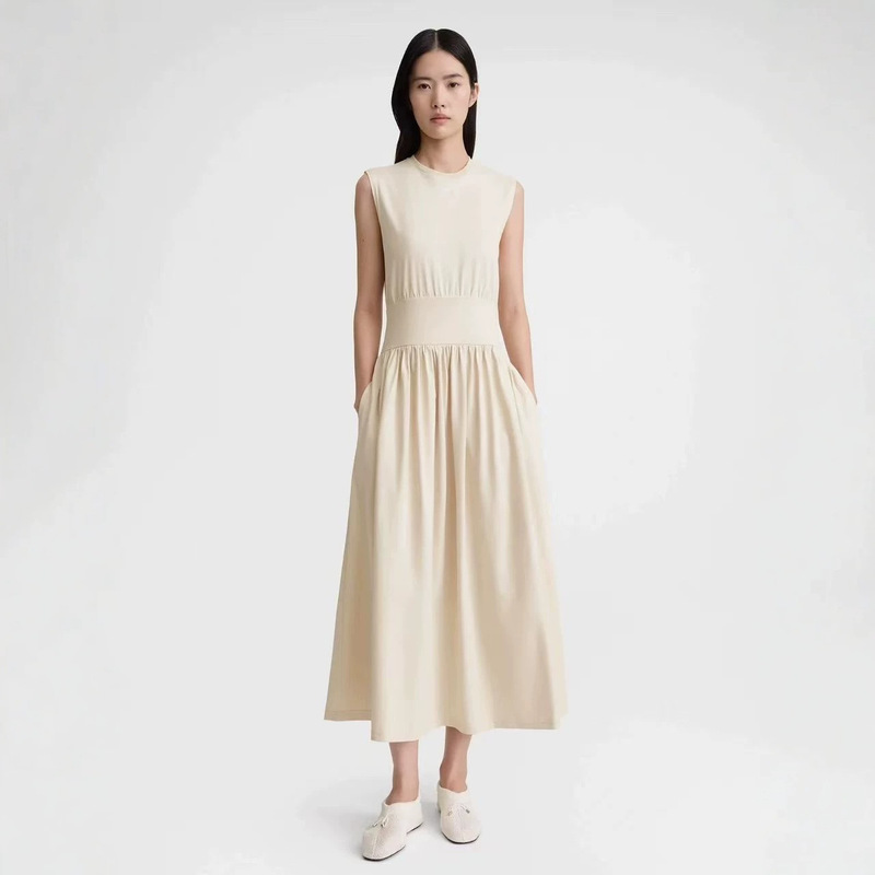 Tot Spring/Summer New Collection: Tot Cotton T-Shirt with Patchwork Waist-Cinching A-Line Flared Long Skirt, Sleeveless Tank Dress
