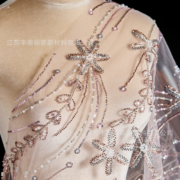 Champaña ligera de lujo tela de hilo de malla flor de sequilla cuentas de clavos cuentas de diamante tridimensional tela de encaje tela de boda image 4