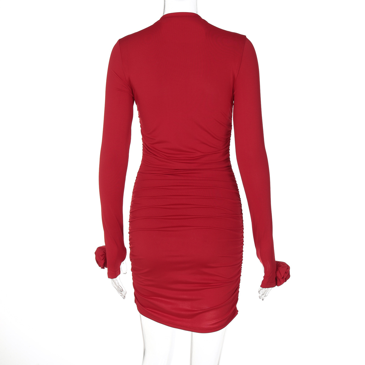 Women Clothing Autumn Floral Decoration Long Sleeve Pleated Slim Sheath Dress Women