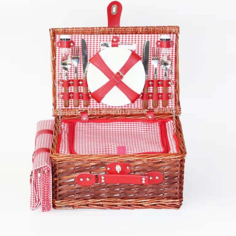 Cesta de picnic de sauce cesta de picnic para cuatro personas cesta de picnic hecha a mano con tapa cesta de picnic cesta de almacenamiento al aire libre
