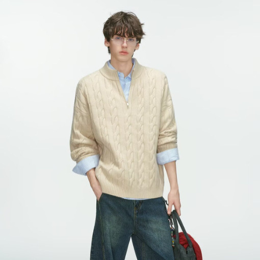 Autumn New Old Money Style Half-Zip Cable Knit Sweater for Men, Lazy Style Half-High Collar Knit Top Trendy Cool