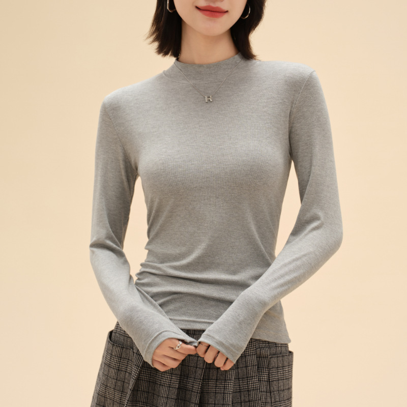莫代尔棉长袖百搭修身显瘦圆领磨毛打底上衣女外穿小立领打底衫|undefined