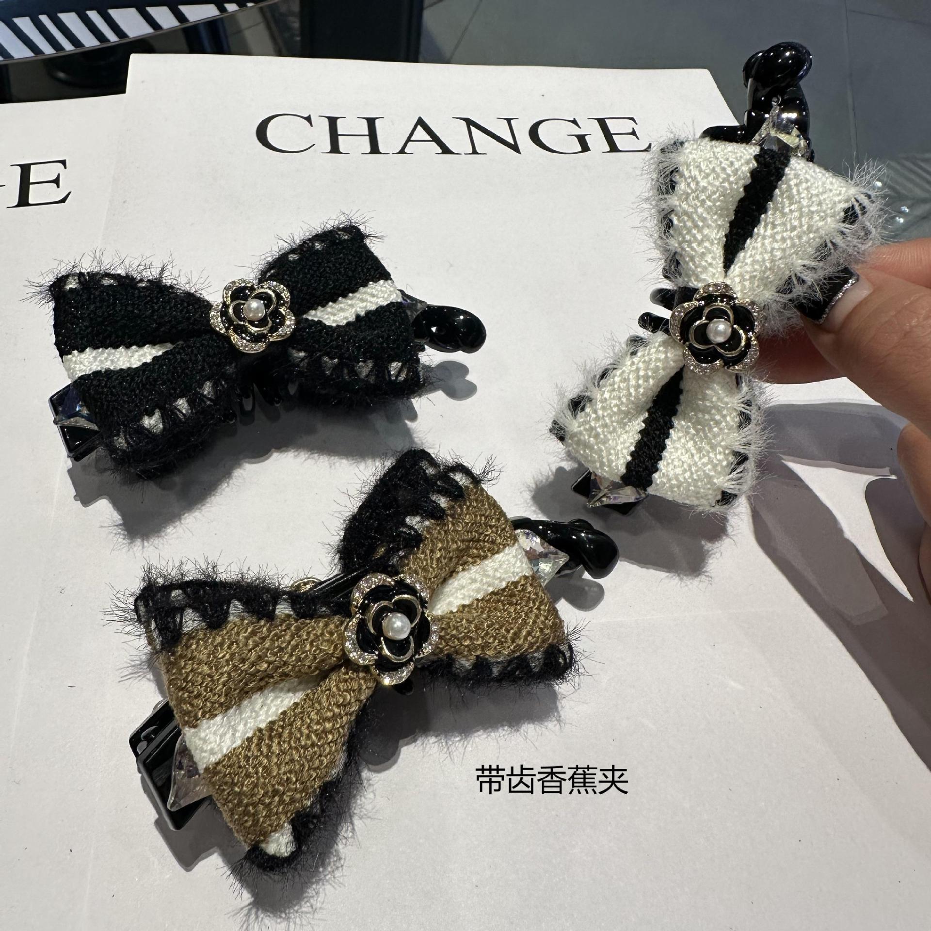 跨境法式小香風髮夾優雅氣質茶花香蕉夾盤黑白髮夾發卡新款頭飾女