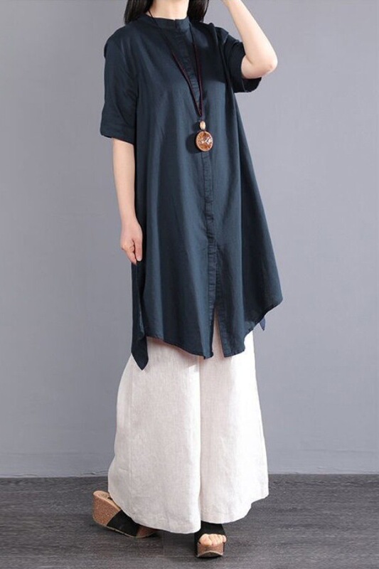 Cotton and Linen Shirt Suit for Women, Summer Loose Large Size Mid-Length Short-Sleeved Shirt and Wide-Leg Pants Two-Piece Suit