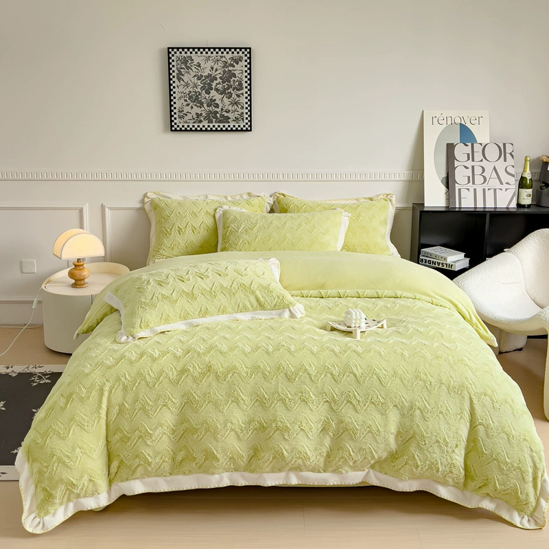 Новый набор из четырех предметов без печати, осенне-зимнее плюшевое одеяло с высоким рельефом и кроликом, край ракушки, молочная бархатная простыня, наволочка