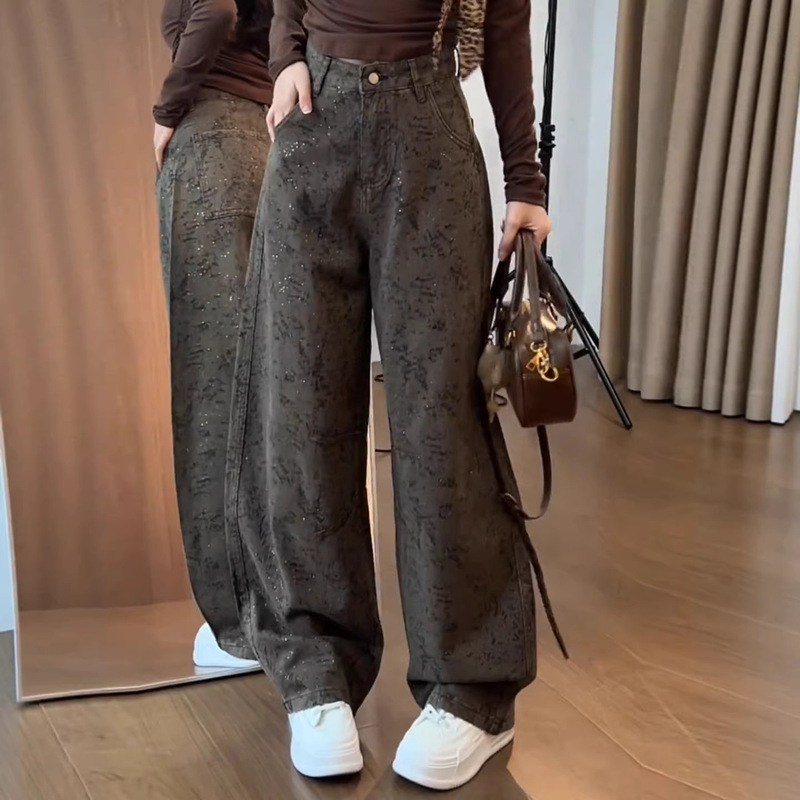 Fashionable Starry Sequin Jacquard Jeans for Women, New Spring Style, Elegant and Slimming, High-Waisted, Loose-Fitting, Wide-Leg Pants