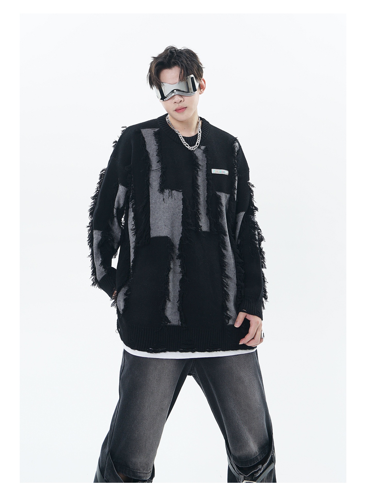 Ανδρικά Ρούχα με σκισμένες φούντες, μικρές ετικέτες, άνετη εφαρμογή, μοντέρνα πουλόβερ με χρωματική αντίθεση_voghion.com