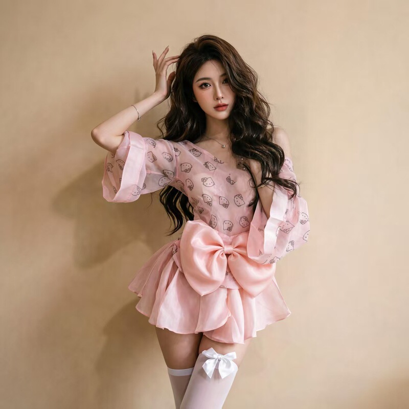 Sexy Lingerie Private Room Chiffon Printed Kitten Maid Kimono Set Sexy Lingerie Sexy Pure Desire Revealing Breasts