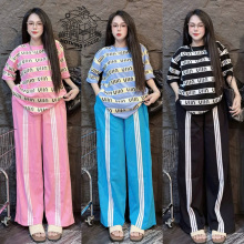 跨境时尚套装女夏季新款条纹字母短袖宽松大码阔腿裤休闲两件套