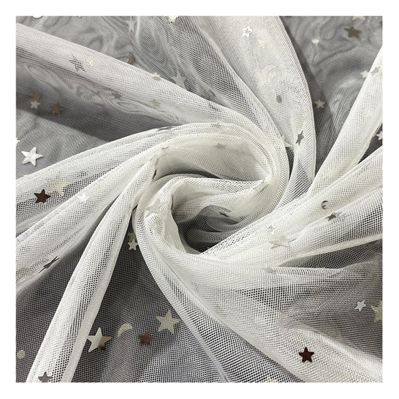Fabricantes de seda con luz cifrada hilo de malla estrella hilo suave piel ropa infantil tela de vestido