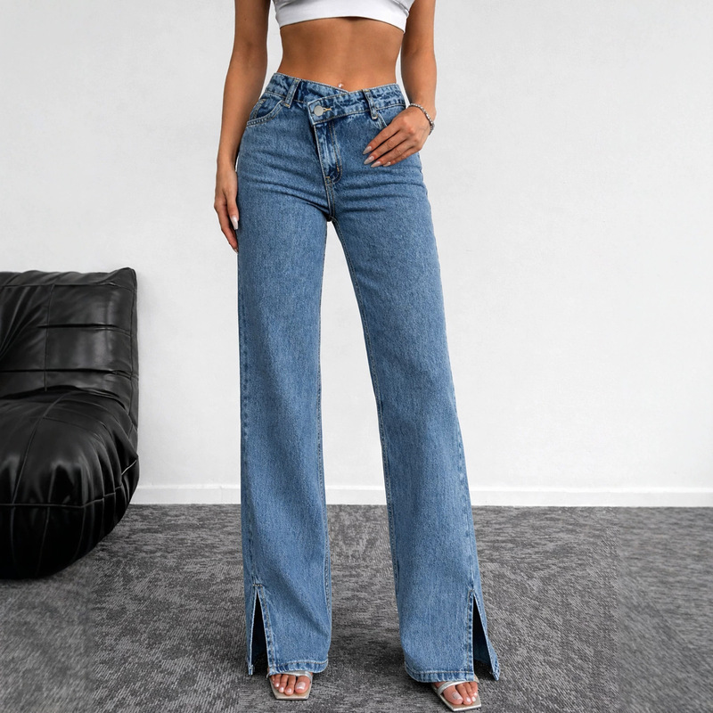 Cross-Border European Size Denim Wide-Leg Pants with Diagonal Waistband and Side Slits, Floor-Length Pants for Amazon, Ebay, Mercado, Tk, Russia Cross-Border European Size Denim Wide-Leg Pants with Diagonal Waistband and Side Slits, Floor-Length Pants for Amazon, Ebay, Mercado, Tk, Russia