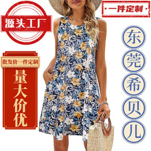 亚马逊、Temu跨境外贸碎花连衣裙女工厂批发3D数码印花夏威夷夏款