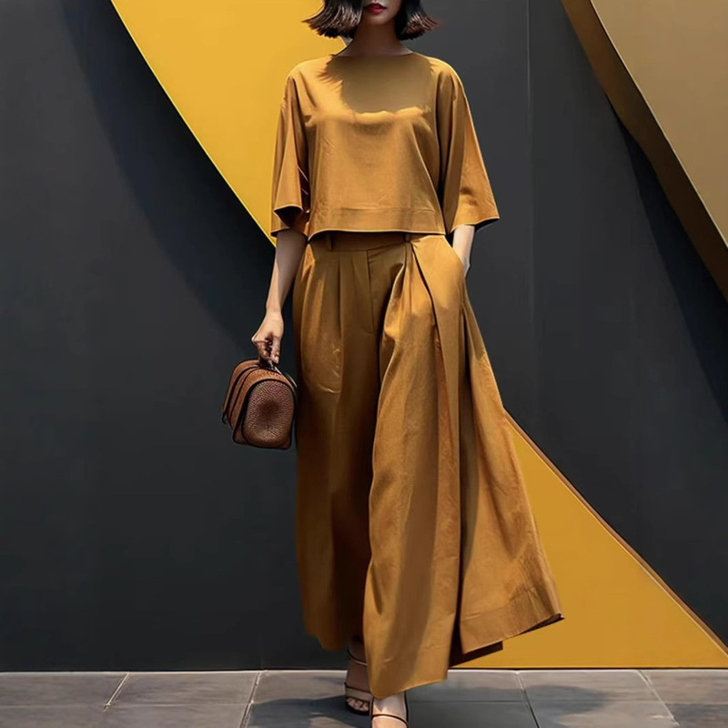 Amazon Cross-border 2025 New Spring and Summer Fashion Solid Color Short-sleeved Casual Loose Trousers Women's Foreign Trade Two-piece Set