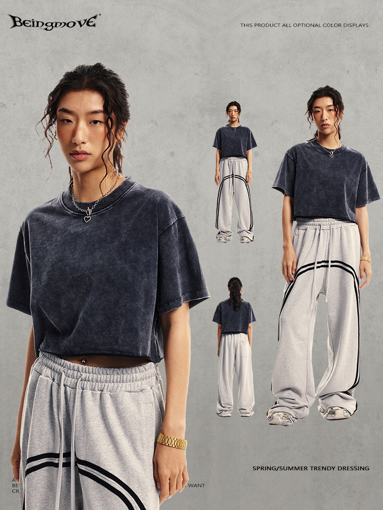 Seco callejero | marca de moda europea y americana chica caliente nuevo cuello redondo desgastado lavado y lijado camiseta de manga corta mujer corta con ombligo image 3
