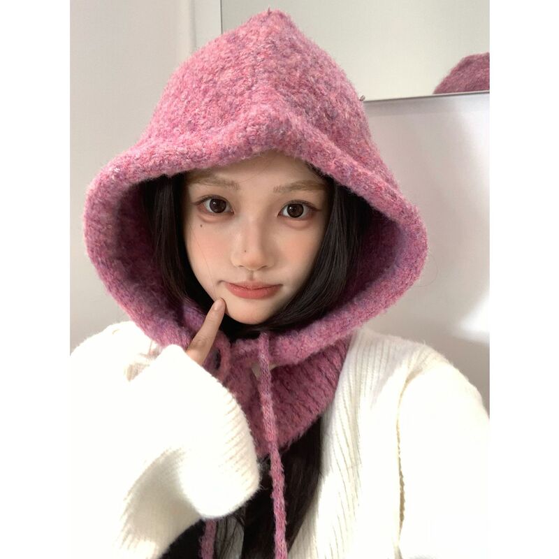 蓝色巴拉克拉法帽女秋冬百搭帽子围巾一体羊毛混纺针织保暖护耳帽|undefined
