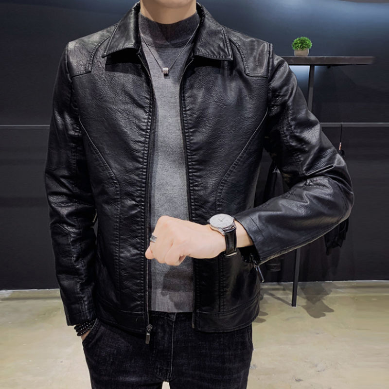 皮衣男秋季男士外套休闲修身潮流薄款加绒秋冬青年翻领PU皮夹克男