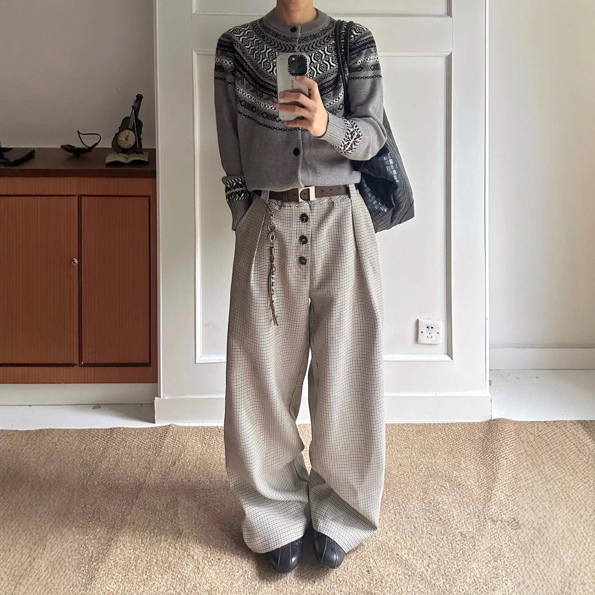 Men's Cleanfit Casual Pants with Houndstooth Pattern, 300g Composite Pleated Button A-Line Wide-Leg Pants