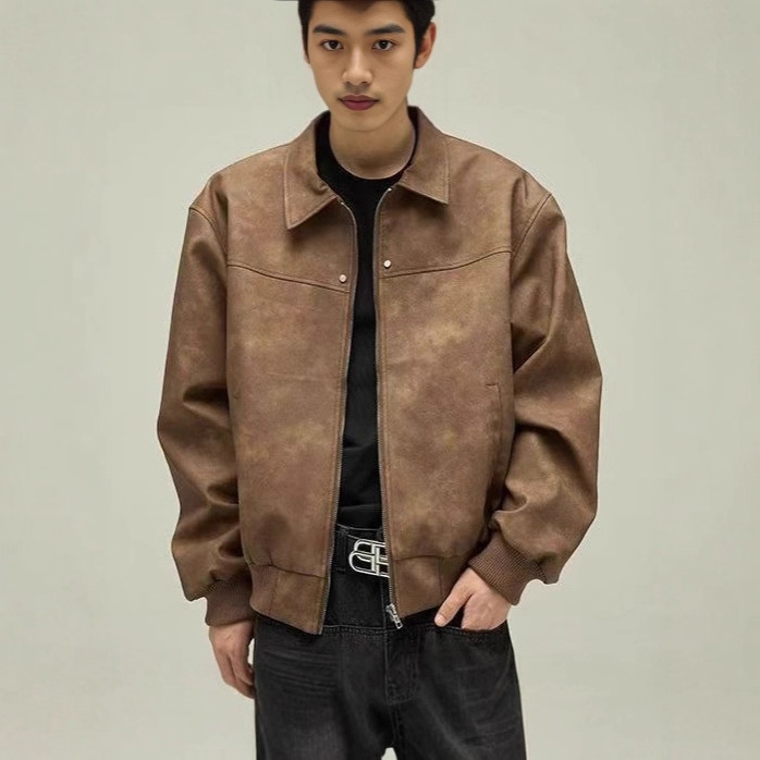 American Retro Lapel Leather Jacket for Men in Autumn and Winter, Versatile Loose Old Couple Workwear Leather Jacket Motorcycle Jacket