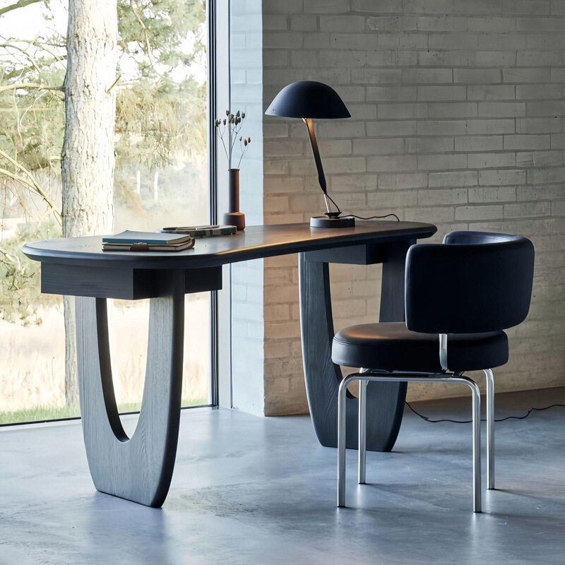 French-Style Solid Wood Home Desk, Vintage-Style Irregular-Shaped Study Desk, Designer Workstation, High-End Black Computer Desk