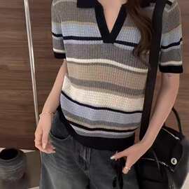 莱赛尔亚麻条纹翻领polo短袖不退换125斤5.26