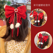中国风新年红色蝴蝶结发夹女后脑勺盘发夹子过年流苏发饰厂家批发