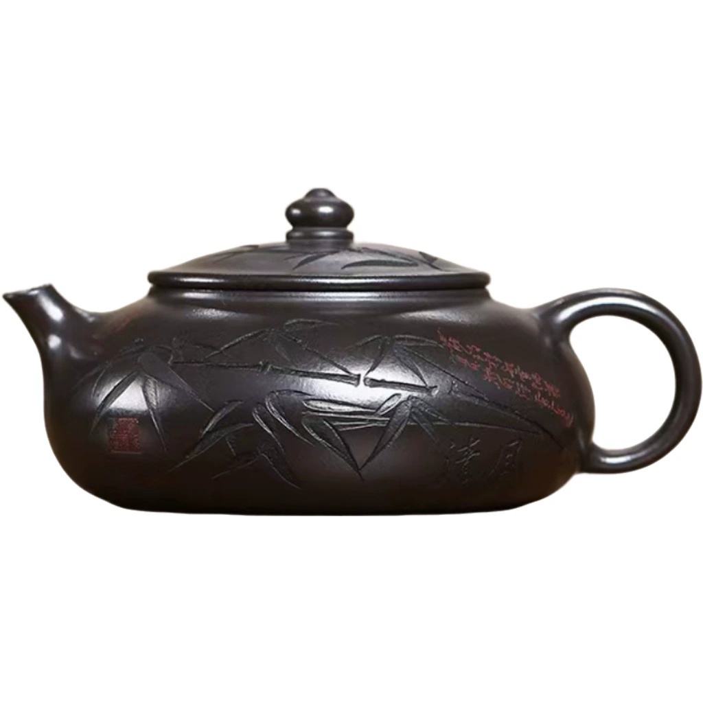 Yixing Authentic Purple Sand Pot Hand-Carved Bamboo Shadow Hanjiang Original Mine Black Iron Stone Yellow Material Household Kung Fu Teapot Tea Set Gift