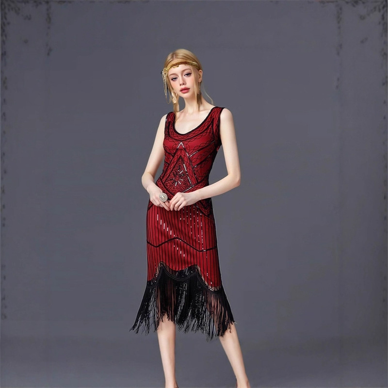 Retro Sequin Tassel Evening Dress Banquet Party 1920S Sleeveless Dress European and American Cross-Border Amazon High Waist