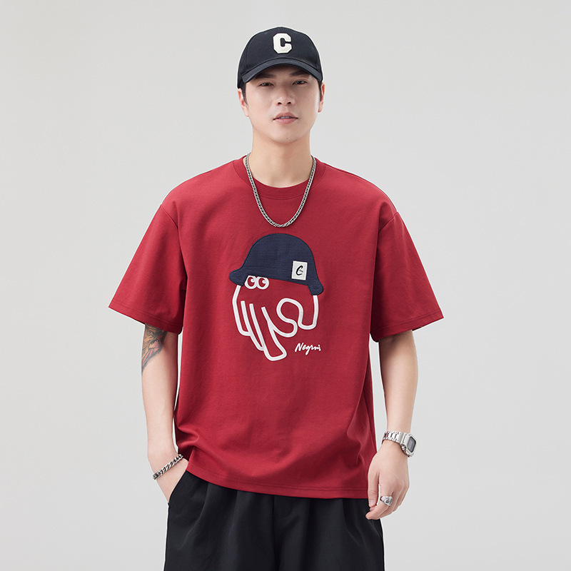 2025 Summer Popular Hat Octopus Cartoon Exquisite Embroider Print Cool Ice Skin Trendy Brand Summer Short-Sleeved T-Shirt Men's Style