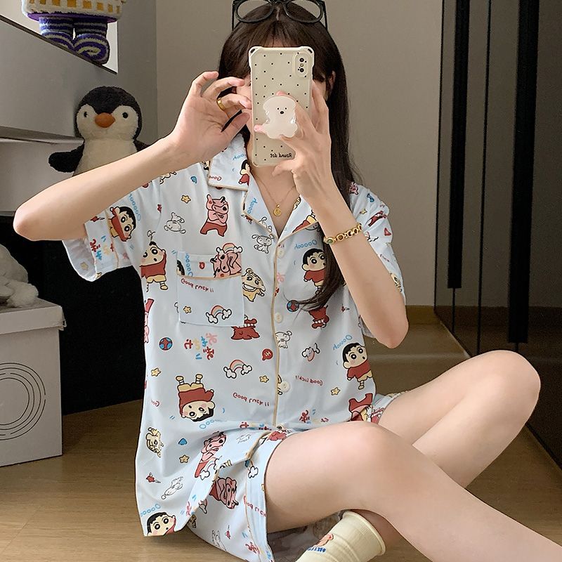 Venta al por mayor transfronteriza nuevo estilo imitación algodón de manga corta pantalones cortos pijamas mujeres rebeca de verano dulce y lindo dibujos animados casual servicio a domicilio