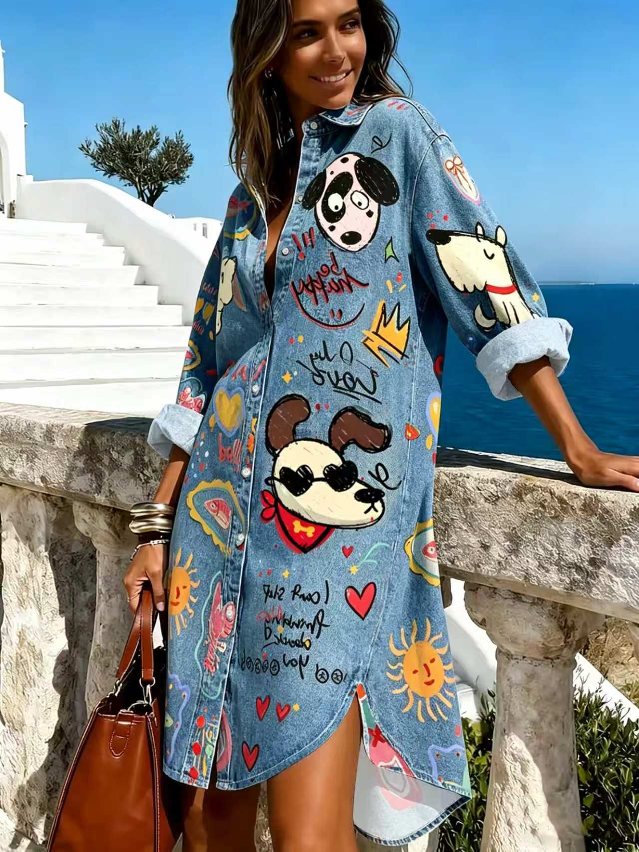 Women's Clothing Women's Resort Style Printed Shirt Loose Long Sleeve Lapel Button Down Casual Beachwear Dress_ecoleips.com